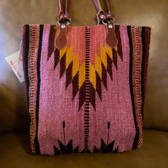 Artsy eclectic handwoven wool rustic boho Western pink burgundy leather purse - Picture 6 of 10